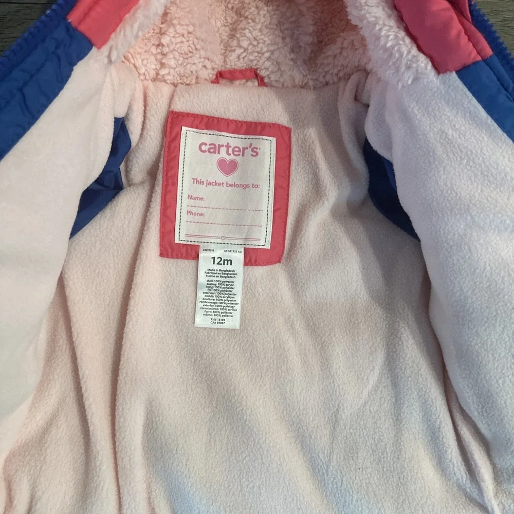 NWT Carter's Baby Girl 12M 2-Piece Snowsuit Pink Blue Colorblock Sherpa Lined